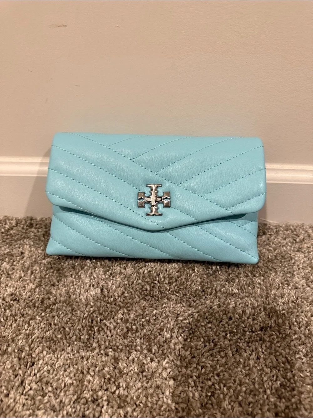 Tory Burch Quilted Leather Clutch in Aqua Blue